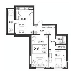 3-к квартира, строящийся дом, 69м2, 5/9 этаж