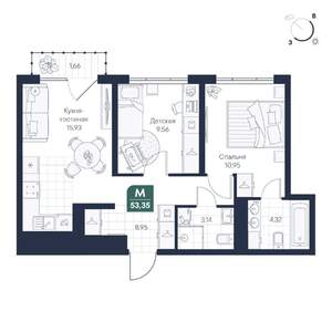 2-к квартира, строящийся дом, 53м2, 2/8 этаж