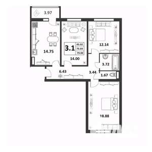 3-к квартира, строящийся дом, 75м2, 6/9 этаж
