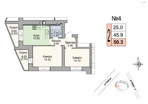 2-к квартира, строящийся дом, 46м2, 1/7 этаж