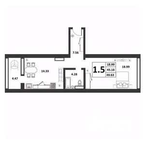 1-к квартира, вторичка, 45м2, 5/9 этаж