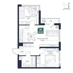 2-к квартира, строящийся дом, 55м2, 2/8 этаж