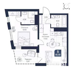 1-к квартира, строящийся дом, 45м2, 1/7 этаж