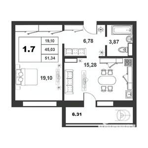 1-к квартира, строящийся дом, 45м2, 7/9 этаж