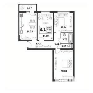 3-к квартира, строящийся дом, 75м2, 8/9 этаж