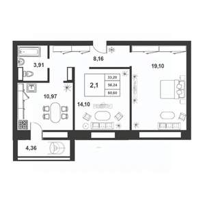 2-к квартира, строящийся дом, 56м2, 5/9 этаж