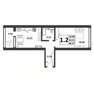 1-к квартира, вторичка, 44м2, 7/9 этаж