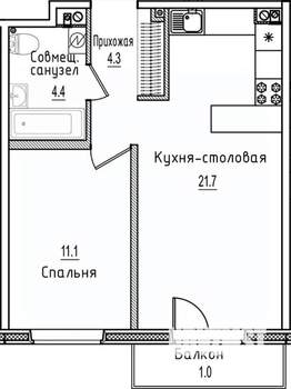 1-к квартира, строящийся дом, 43м2, 4/12 этаж