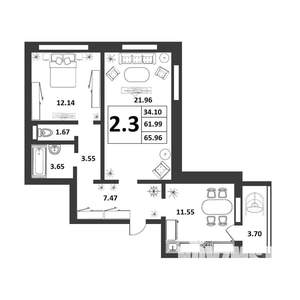 2-к квартира, строящийся дом, 62м2, 1/9 этаж