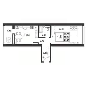 1-к квартира, строящийся дом, 44м2, 1/9 этаж