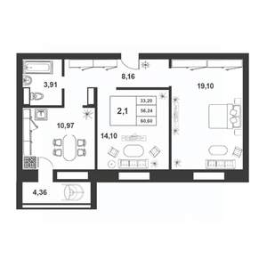 2-к квартира, строящийся дом, 56м2, 2/9 этаж