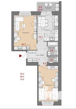 2-к квартира, вторичка, 68м2, 4/9 этаж