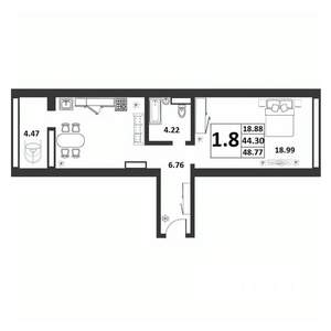 1-к квартира, строящийся дом, 44м2, 4/9 этаж