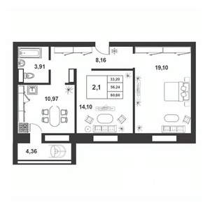 2-к квартира, строящийся дом, 56м2, 4/9 этаж