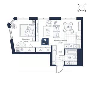 1-к квартира, строящийся дом, 45м2, 1/7 этаж
