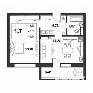 1-к квартира, вторичка, 45м2, 8/9 этаж