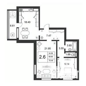 3-к квартира, строящийся дом, 69м2, 6/9 этаж