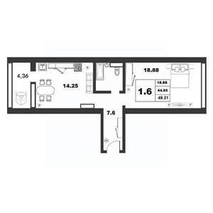 1-к квартира, строящийся дом, 45м2, 2/9 этаж