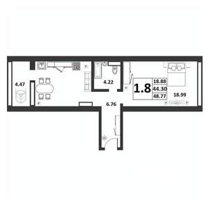 1-к квартира, строящийся дом, 44м2, 6/9 этаж