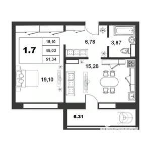 1-к квартира, строящийся дом, 45м2, 9/9 этаж