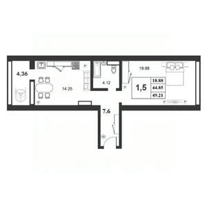 1-к квартира, строящийся дом, 45м2, 1/9 этаж
